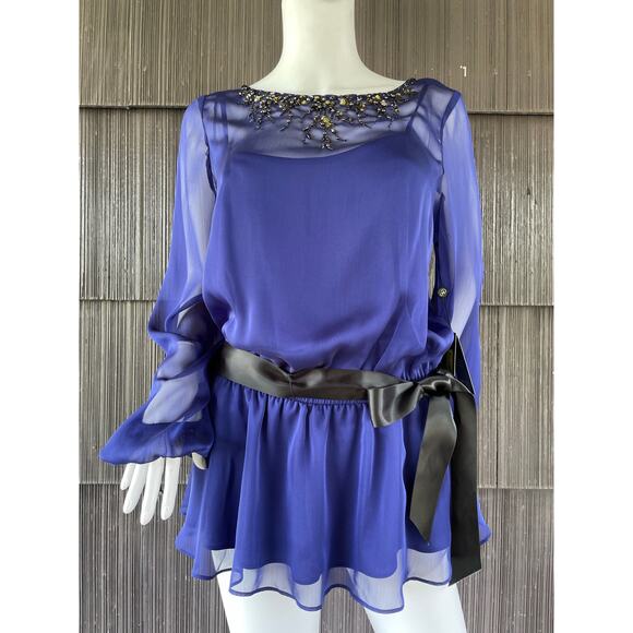 🔥NWT ($120) Adrianna Papell Beaded Bishop Sleeve Sheer Chiffon Feminine Blouse - Picture 1 of 16